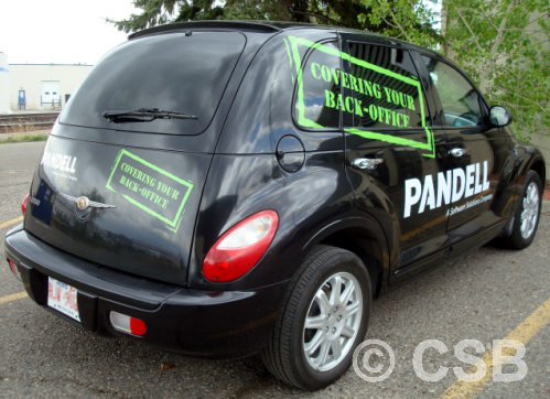 Calgary premium car decal package installed on side doors, side windows, and hatchback door